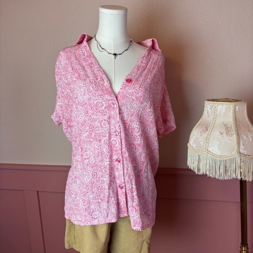White Stag paisley garden party cottage button up blouse sz large pink white